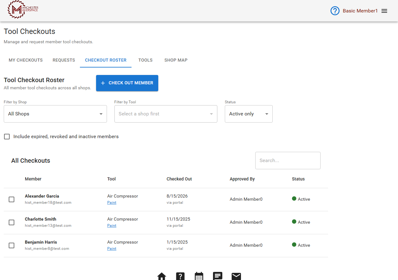 The Checkout Roster with the Check Out Member button