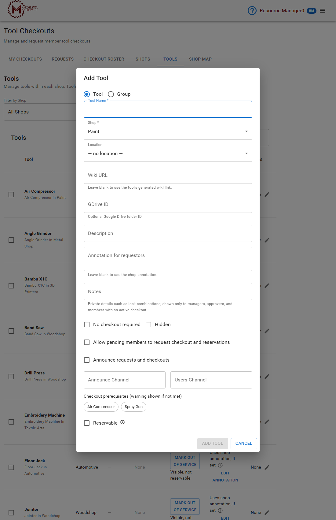 Add Tool dialog