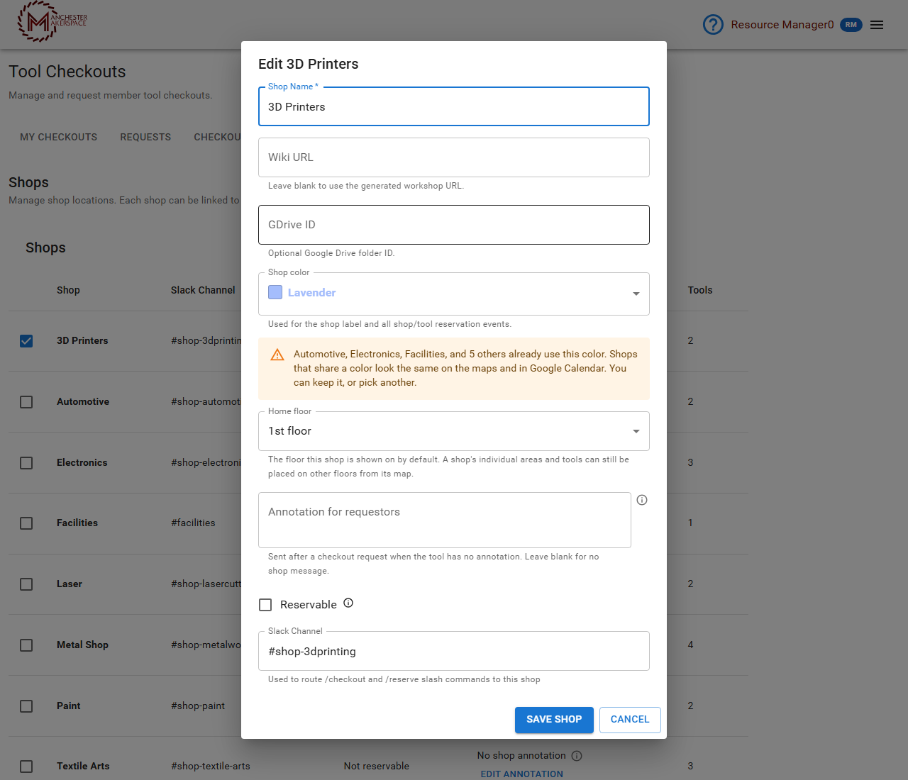 Edit Shop dialog