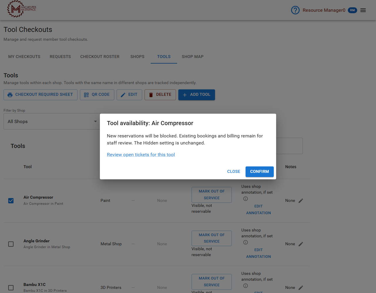 Mark out of service dialog