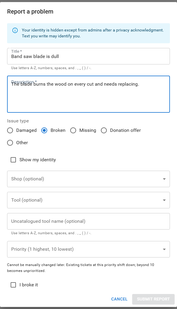 The Report a problem form