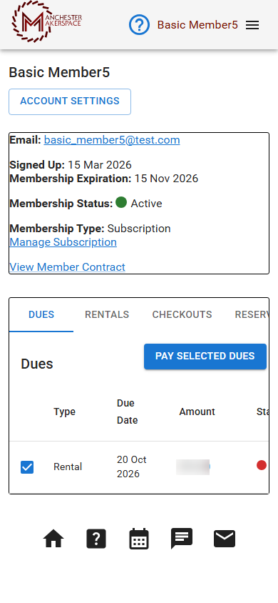 The rental invoice in the Dues tab